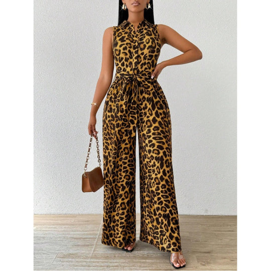 Damen Jumpsuit mit Leopardenmuster und Taillengürtel EB