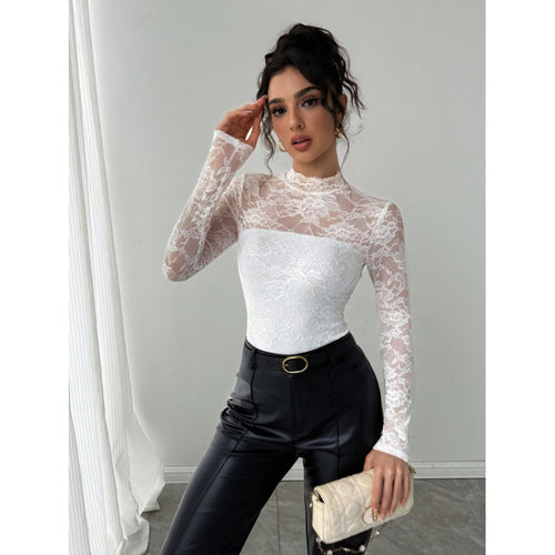Damen Spitzenbody mit elegantem Stehkragen und langem Arm EB