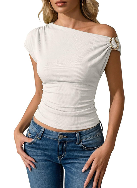 Damen asymmetrisches Oberteil mit modischem Schulterdesign EB