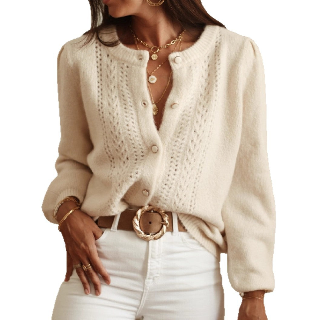 Damen elegante Strickjacke mit feinen Lochmustern und Perlmuttknöpfen EB
