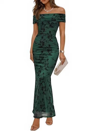 Damen elegantes Off-Shoulder Maxikleid mit floralem Muster und elastischem Einsatz EB