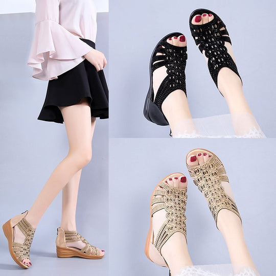 Damen modische Sandalen mit verzierten Riemen und bequemem Wedge-Absatz EB