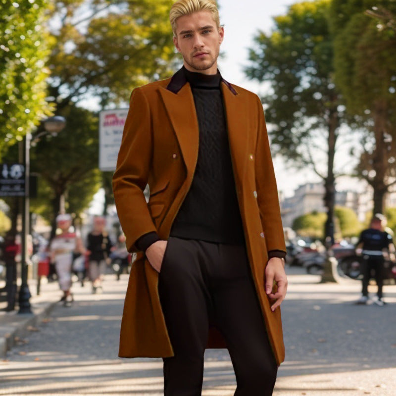 Herren moderner Urban-Mantel mit doppelter Knopfleiste und Samtkragen EB