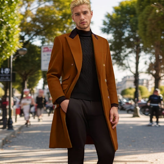 Herren moderner Urban-Mantel mit doppelter Knopfleiste und Samtkragen EB