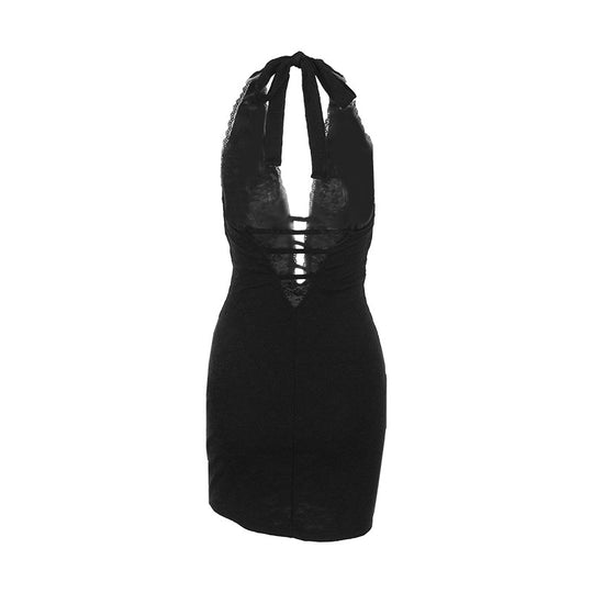 Damen verführerisches Neckholder-Kleid mit Raffung hinten und Spitzendetails EB