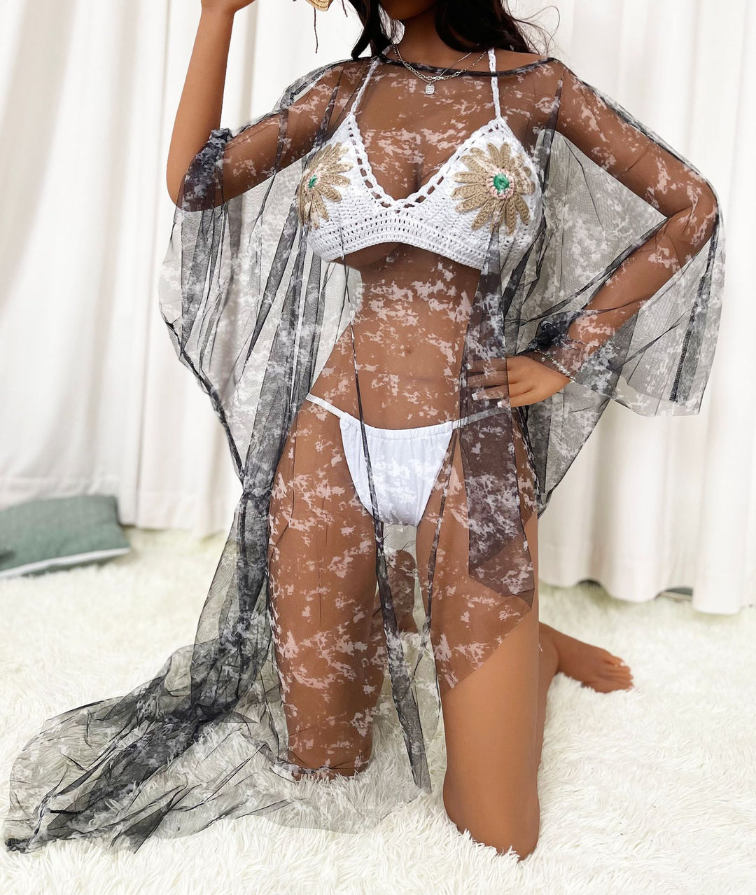 Damen transparenter Strandüberwurf mit bunten Akzenten EB