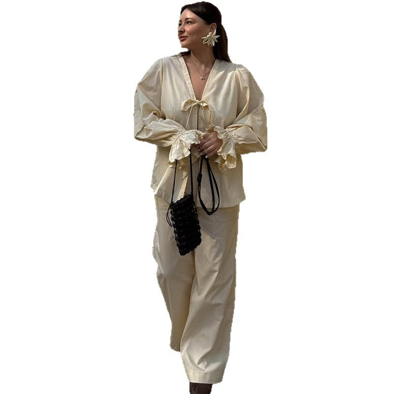 Damen lässige Loungewear-Kombination mit voluminösen Ärmeln EB