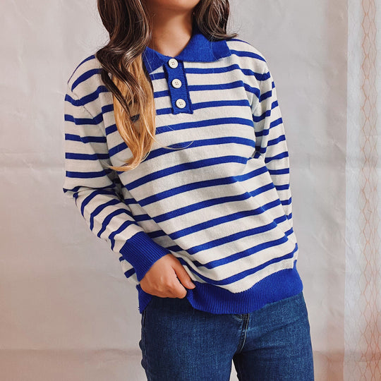 Damen legerer Streifenpullover mit Knopfleiste und weitem Schnitt EB