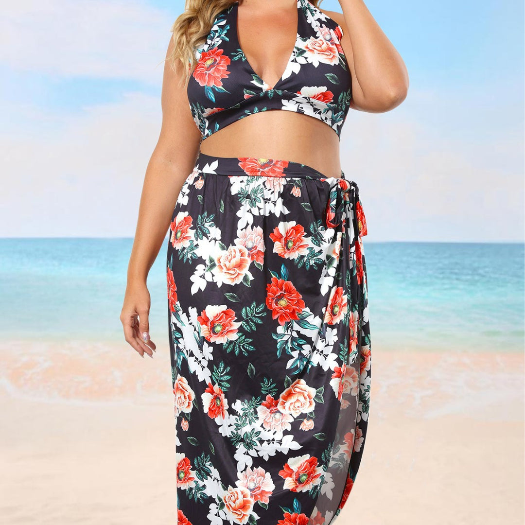 Damen Bikini-Oberteil mit floralem Design und hochgeschnittenem Rock EB