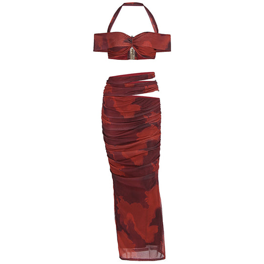 Damen Crop-Top und Maxi-Rock Set mit raffiniertem Rüschen-Design EB