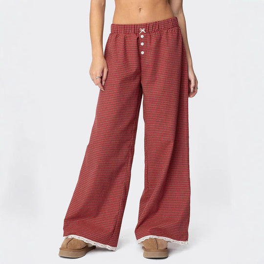 Damen Weit geschnittene Karohose mit Spitzendetails EB