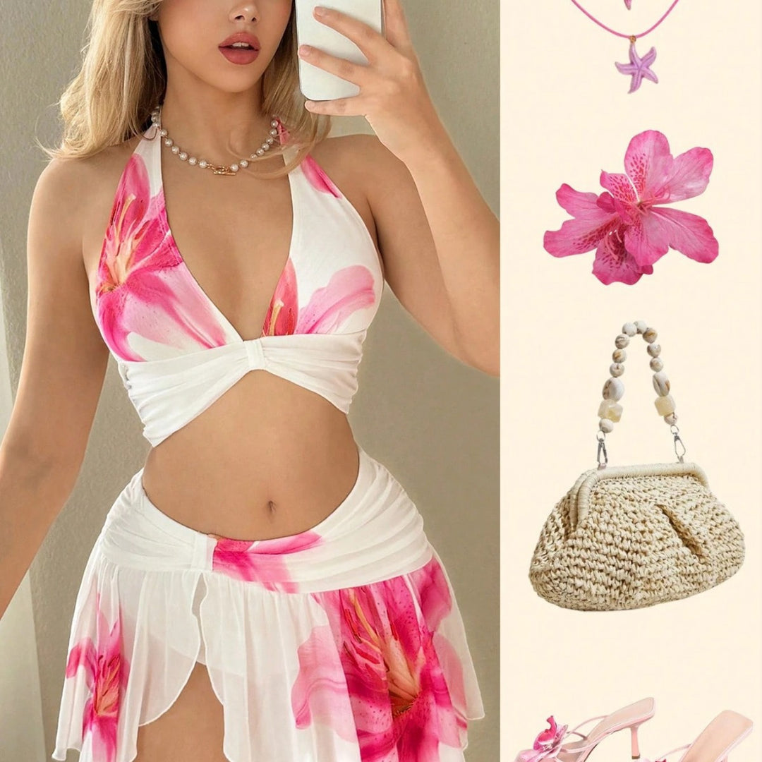 Damen Bikini-Set mit modischem Wickeldesign und floralem Rock EB