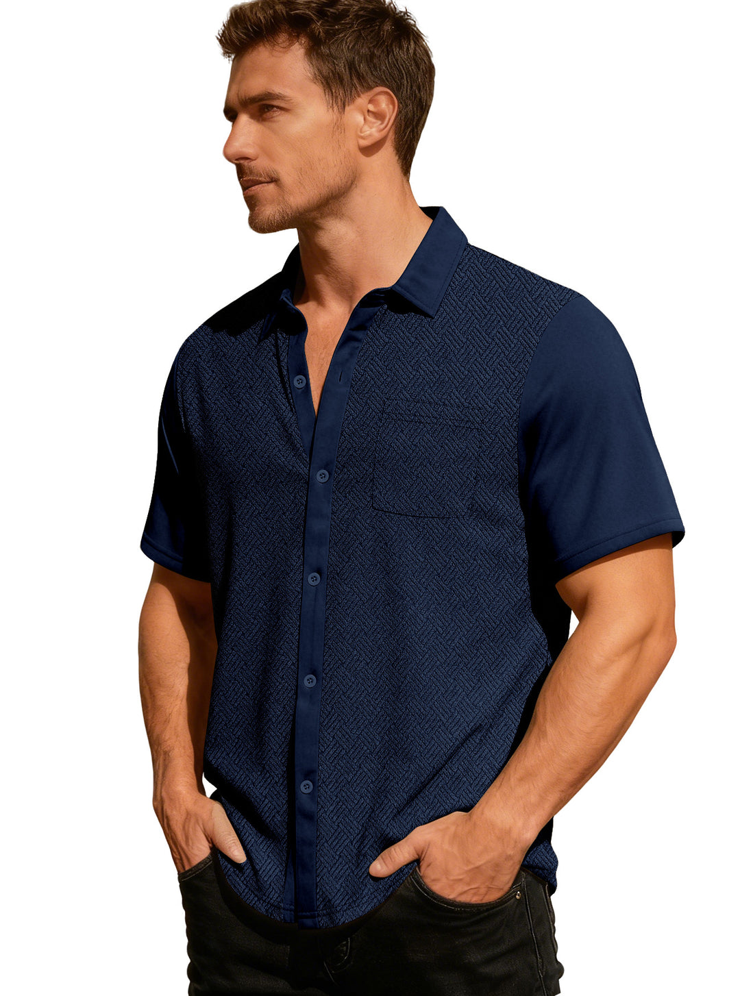 Herren nan legeres Kurzarmhemd mit Jacquardstruktur, kontrastierter Knopfleiste und Brusttasche EB
