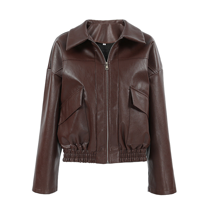 Damen Kunstlederjacke im leicht Oversized-Schnitt mit praktischen Taschen und elastischer Taille EB