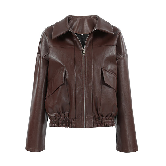 Damen Kunstlederjacke im leicht Oversized-Schnitt mit praktischen Taschen und elastischer Taille EB