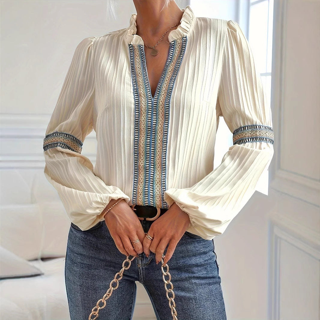 Damen elegante Bluse mit Rüschendetails und Stickereien EB
