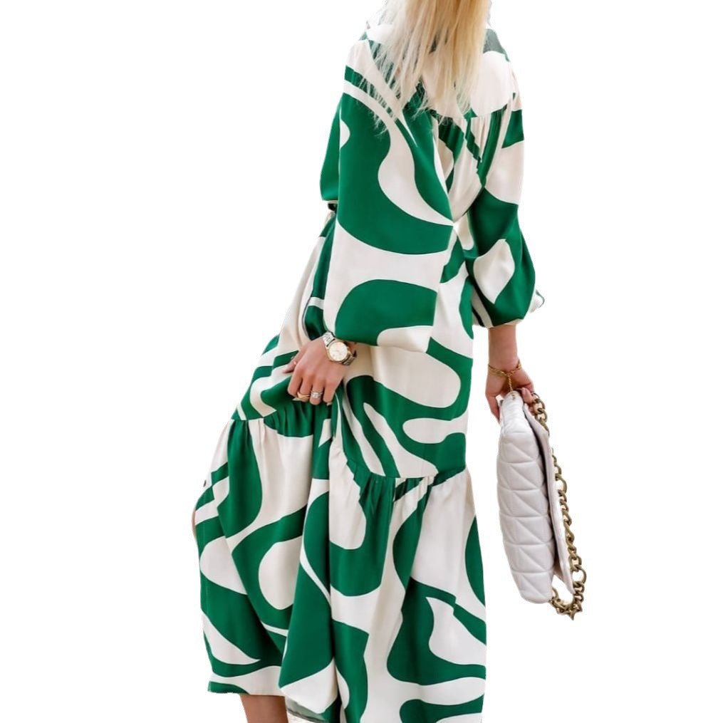 Damen Langarm Hemdblusenkleid mit modischem Muster und Taillengürtel EB