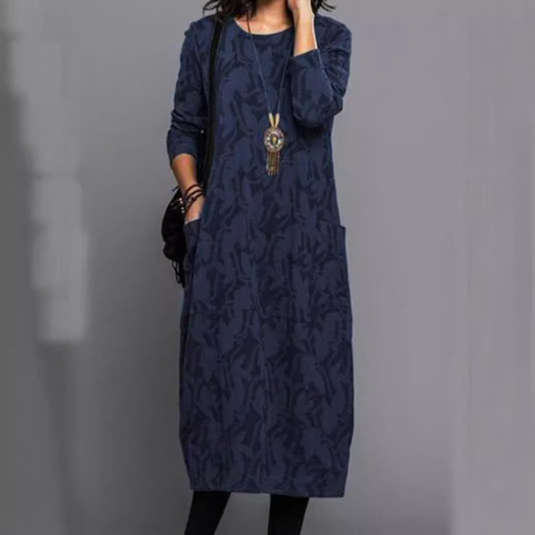 Damen Casual Kleid mit modernen Blätter-Druck und praktischen Taschen Heidi-Mode