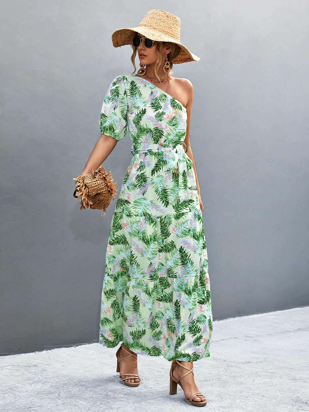 Damen Maxikleid mit asymmetrischem Schnitt und einzigartigem Palmblätterdruck EB