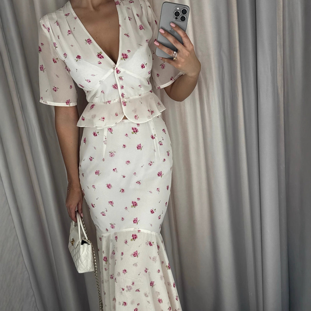 Damen Elegantes Maxikleid mit Puffärmeln und Rüschen EB