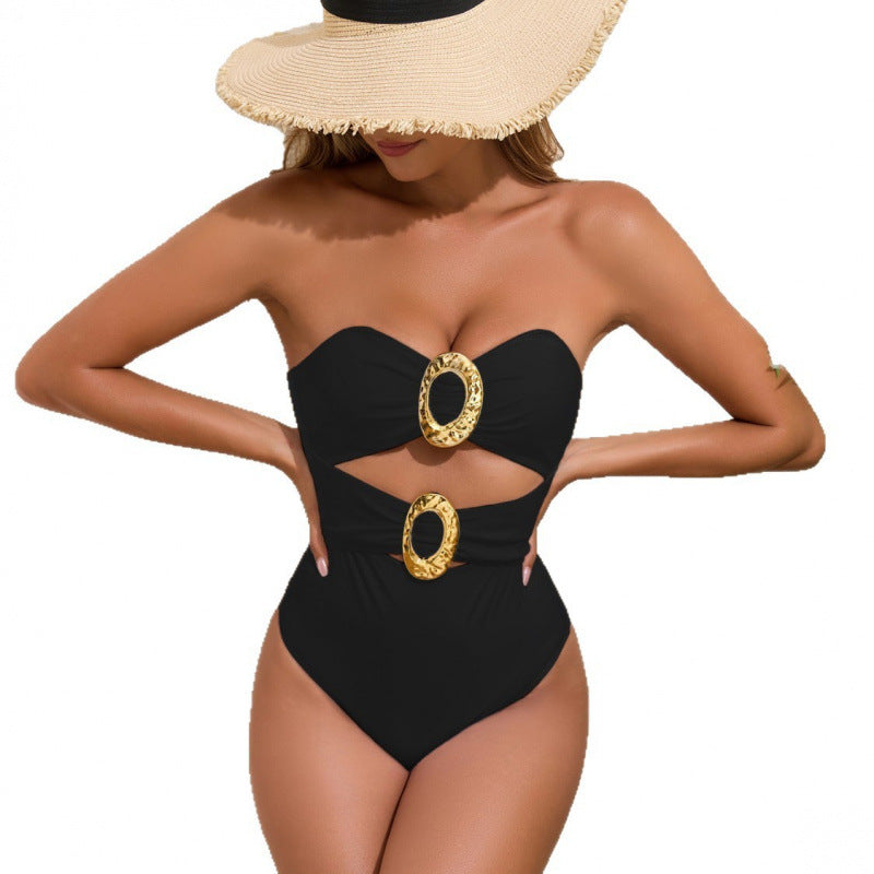 Damen Einteiliger Badeanzug mit modernen Cut-Outs und goldenen Akzenten EB