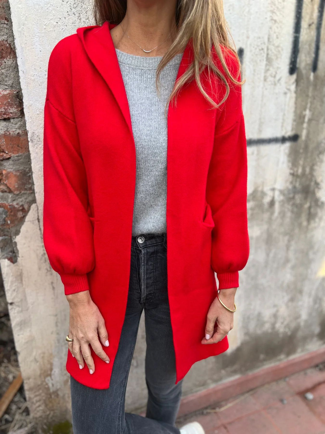 Damen Kuschelige Strickjacke mit Kapuze und Taschen EB