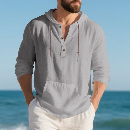 Herren nan leichtes Leinen-Henley-Kapuzenoberteil mit Kängurutasche und lässigem Relax-Fit EB