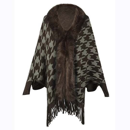 Damen stilvoller Poncho mit exklusivem Fellbesatz und modernem Sternenmuster EB