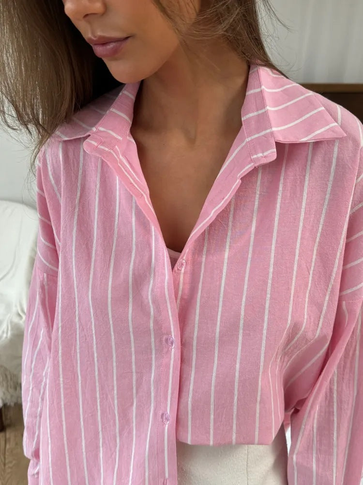 Damen lässige Bluse mit feinen Streifen und großzügigem Schnitt EB