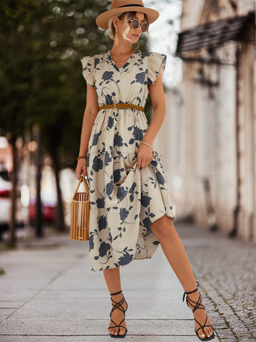 Damen Midi-Kleid mit floralen Rüschendetails und elastischem Taillengürtel EB