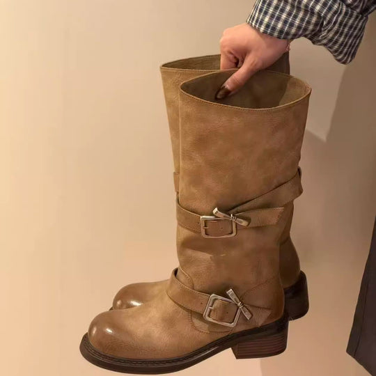 Damen modische Stiefel mit verstellbaren Riemen und komfortablem Blockabsatz EB