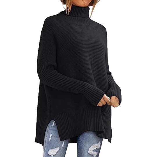 Damen Oversize-Rippenstrick Rollkragenpullover mit Seitenschlitzen und verlängertem Saum EB