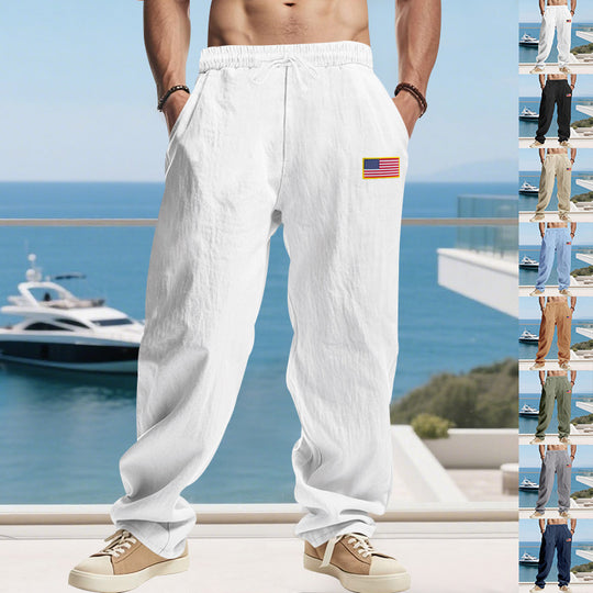 Herren Maritime Relaxed‑Fit Leinenoptik-Freizeithose mit Tunnelzug & Flaggen-Patch EB
