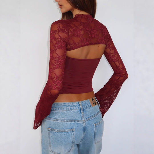 Damen Elegantes Oberteil mit transparenten Ärmeln und hochwertiger Spitze EB