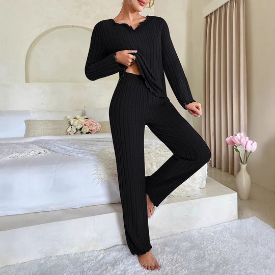Damen Gemütlicher zweiteiliger Pyjama mit kontrastierenden Rüschen EB