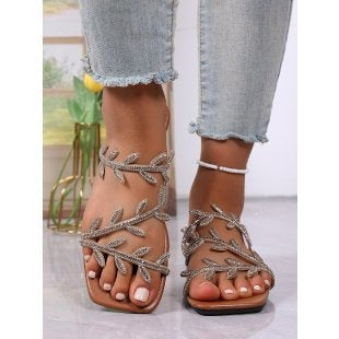 Damen dekorative Zehentrenner-Sandalen mit funkelndem Blattmuster EB