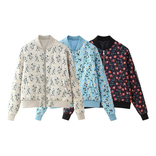 Damen stylische Bomberjacke mit floralen Mustern und elastischen Bündchen EB