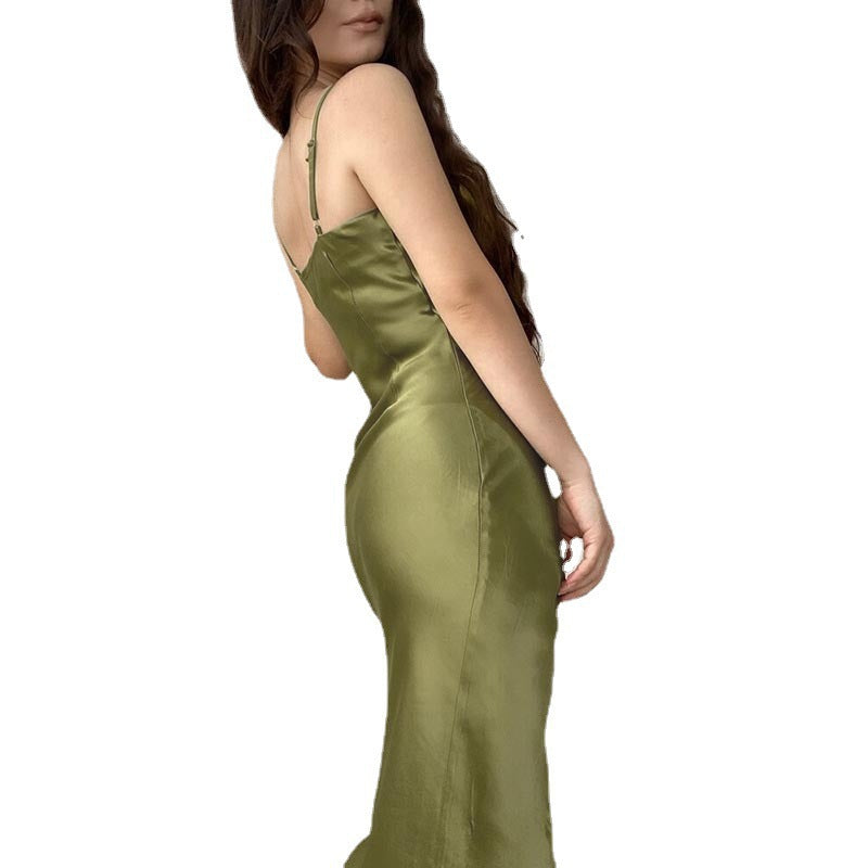 Damen modernes Satin-Midi-Kleid mit elegantem Wasserfallausschnitt und seitlichem Schlitz EB