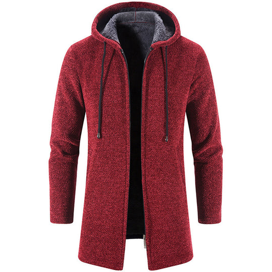 Herren nan langer Kapuzenstrickmantel mit Teddyfutter, durchgehendem Reißverschluss und seitlichen Eingrifftaschen EB