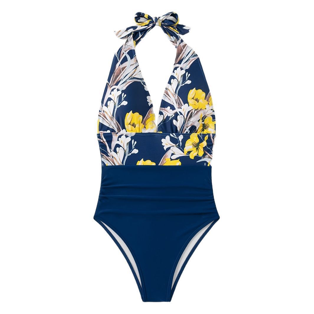 Damen Einteiliger Badeanzug mit floralem Design und Langen Bindebändern EB