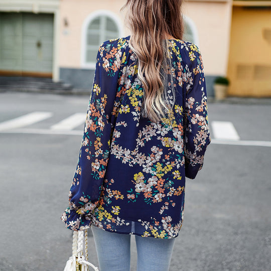Damen nan Chiffon-Bluse mit floralem Alloverprint, V-Ausschnitt, Knopfleiste und gebundenen Manschetten EB