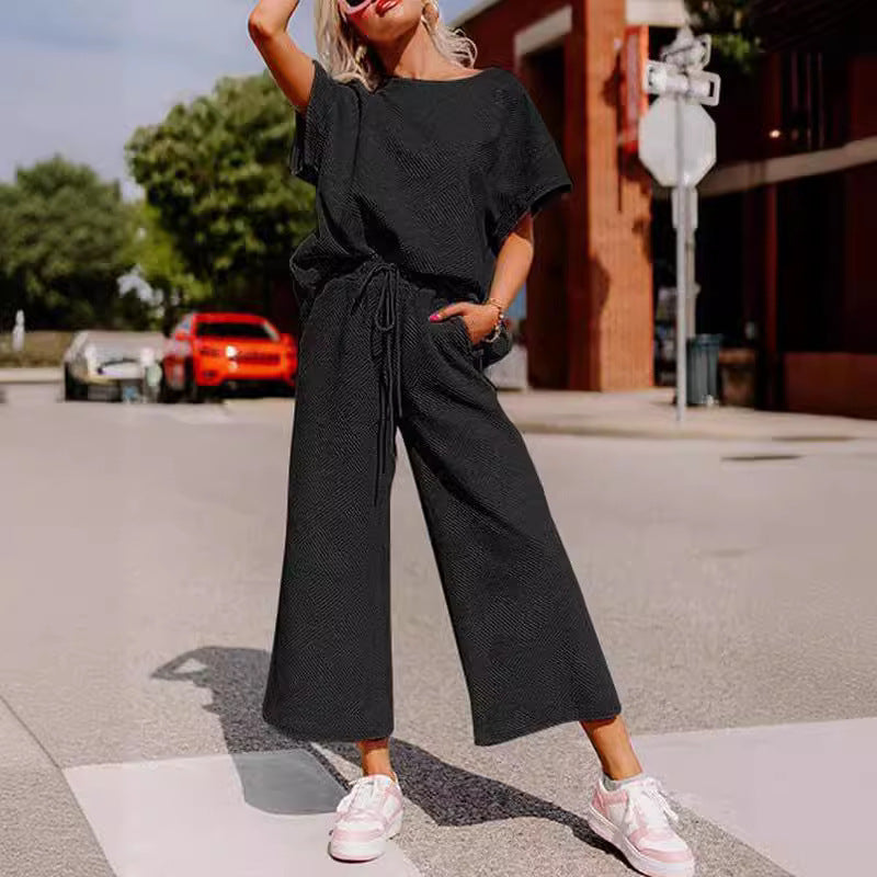 Damen lässiges Jumpsuit-Set aus weichem Material mit elastischem Bund und weit geschnittenen Beinen EB