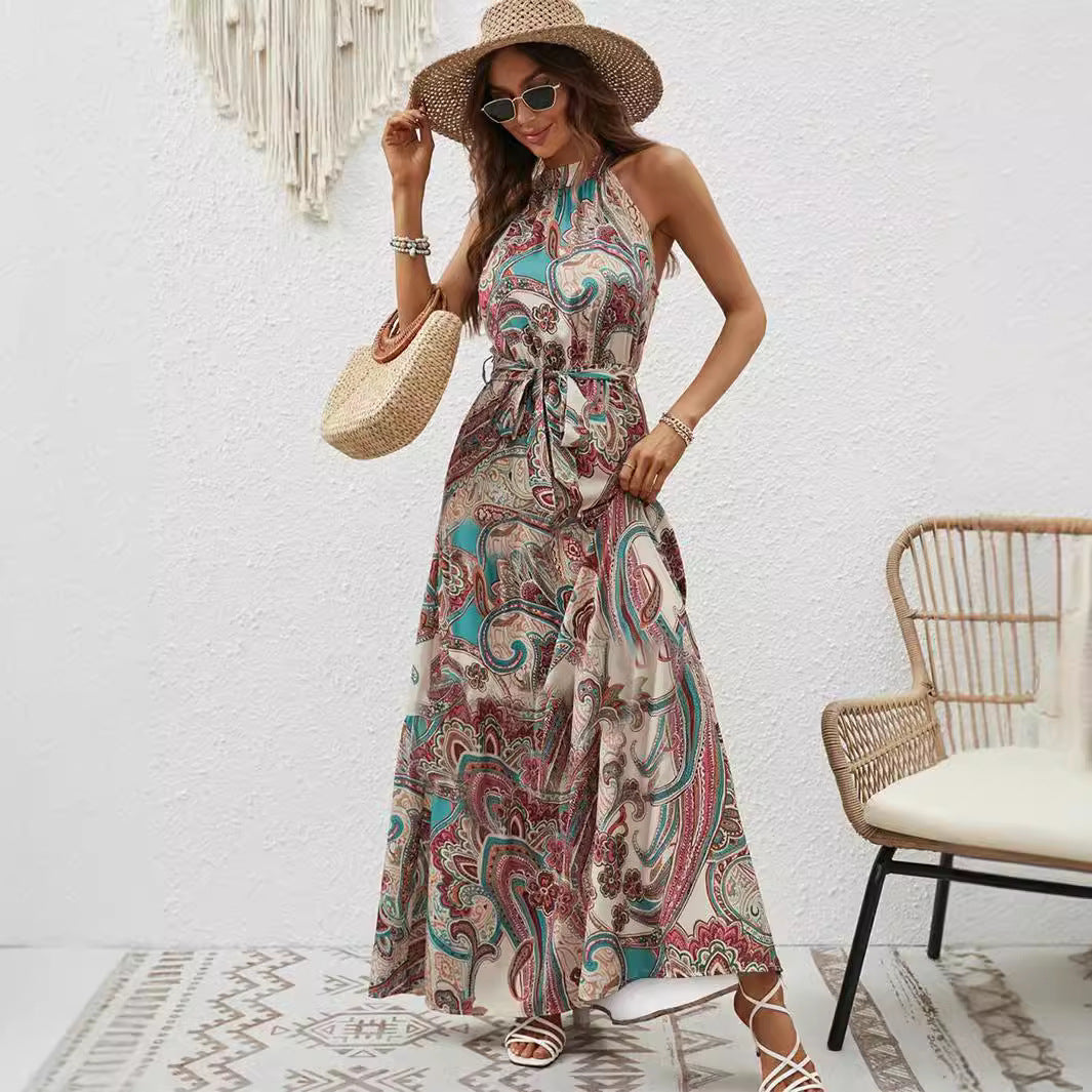 Damen Maxikleid Im Boho-Stil mit Hohem Kragen und Bindegürtel EB