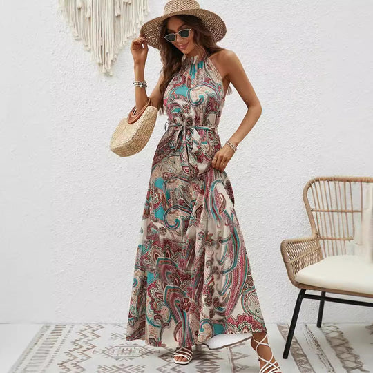 Damen Maxikleid Im Boho-Stil mit Hohem Kragen und Bindegürtel EB