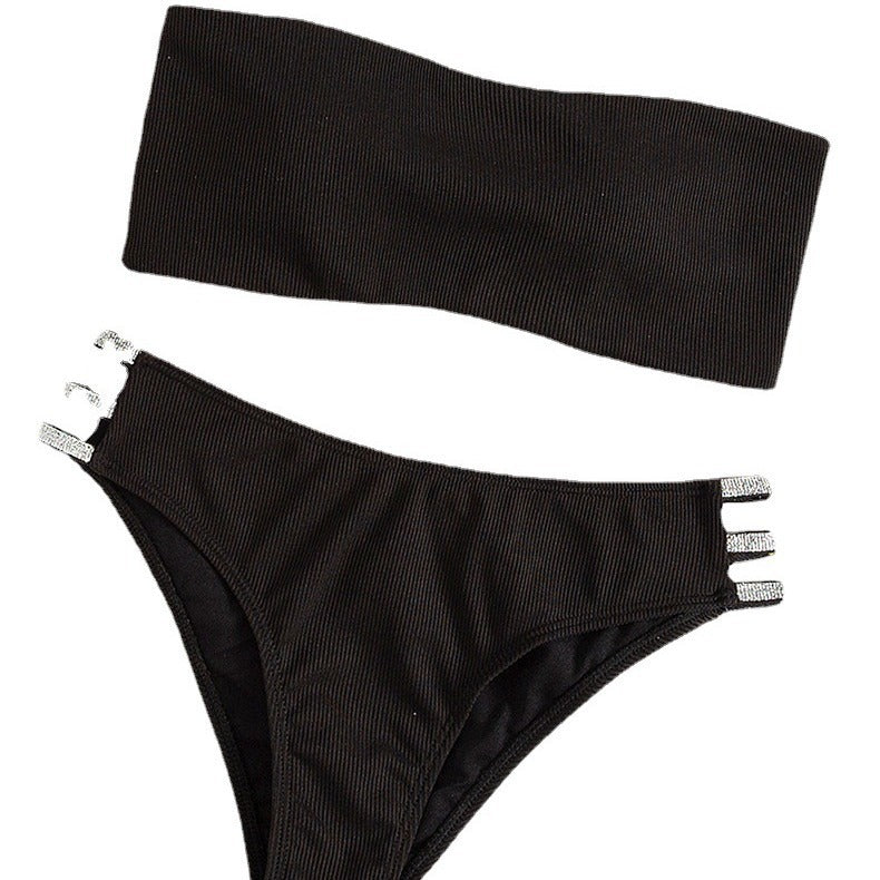 Damen hoch taillierter Bikini mit schimmernden Schnürdetails EB