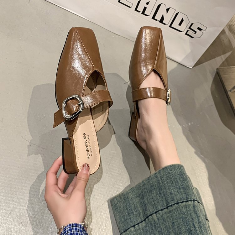 Damen elegante Mules mit quadratischer Zehenpartie und modischen Schnallenakzenten EB