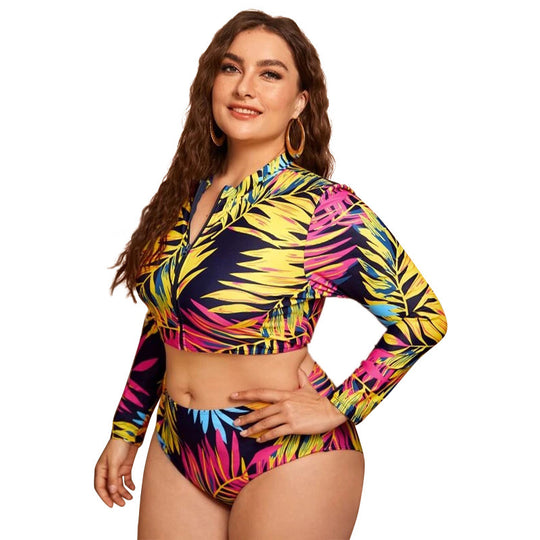 Damen Surf-Bikini-Set mit langärmligem Oberteil und buntem Palmendruck EB