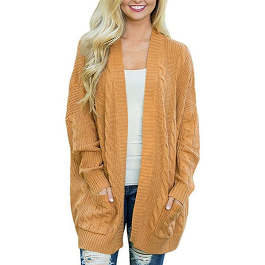 Damen lässige Strickjacke mit Kabelmuster und großzügigen Taschen EB