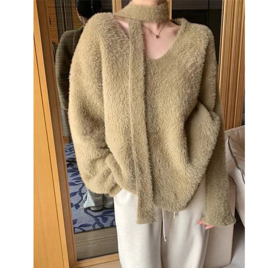 Damen Grobstrickpullover mit tiefem V-Ausschnitt und schicker Banddetails EB
