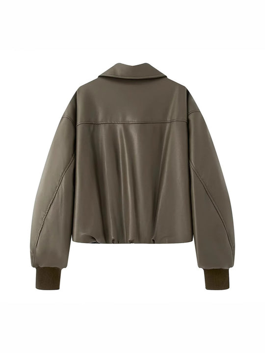 Damen lässige Kunstlederjacke mit voluminösem Schnitt und praktischen Taschen EB